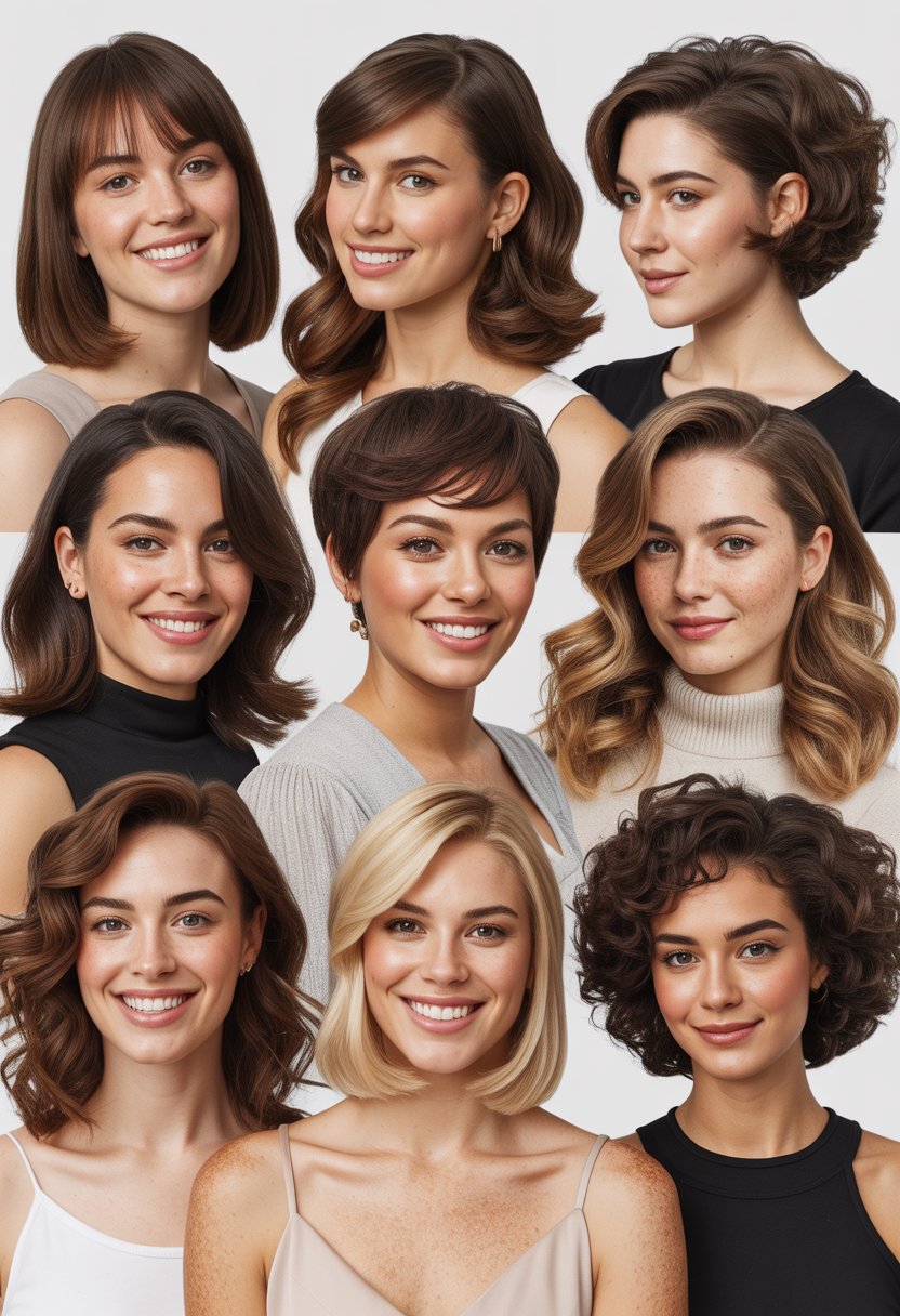 Ten women with round faces showing different hairstyles, standing together in a studio setting.
