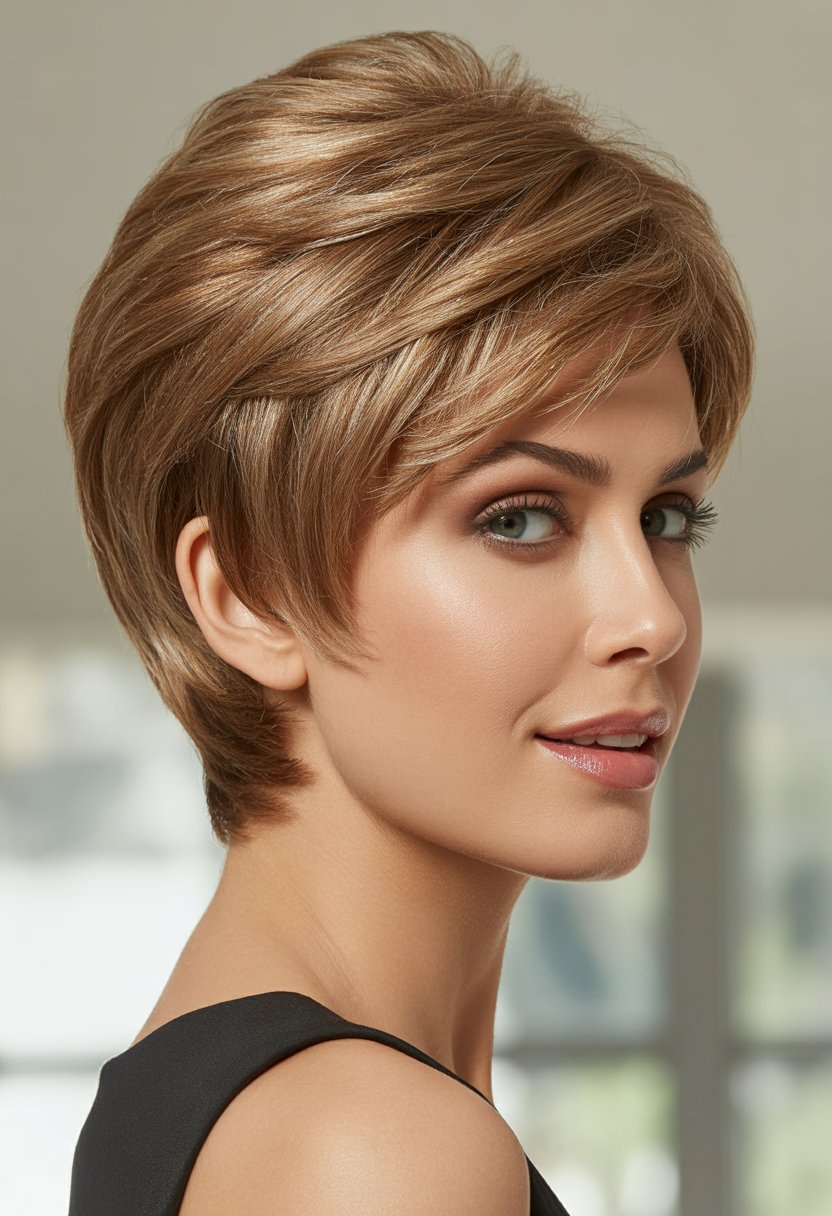 Portrait of a woman with a round face and a short layered haircut, smiling softly against a neutral background.