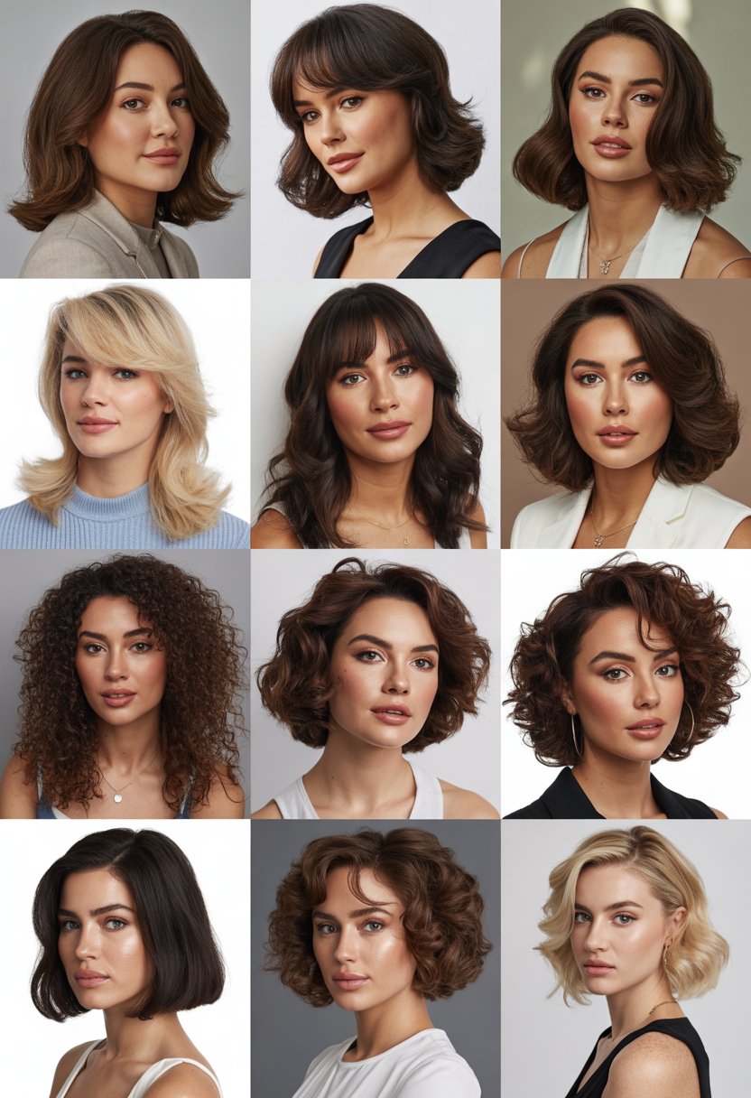 A group of women with round faces displaying different hairstyles in a well-lit studio.