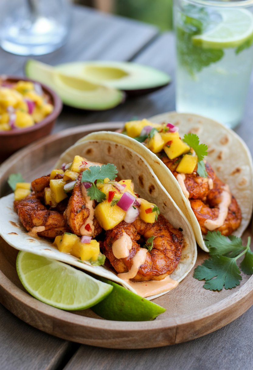 Close-up of grilled shrimp tacos with mango salsa on a wooden table, garnished with lime wedges and fresh cilantro.