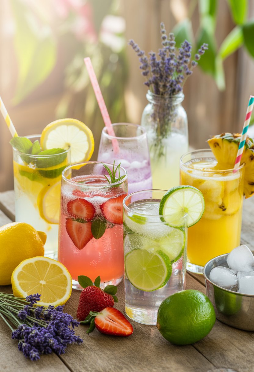 Five glasses of different lemonades with various fruit and herb garnishes arranged on a wooden table with fresh ingredients around them.