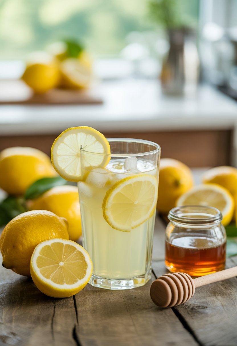 A glass of homemade lemonade with ice and lemon slices on a wooden table surrounded by fresh lemons and a jar of simple syrup.