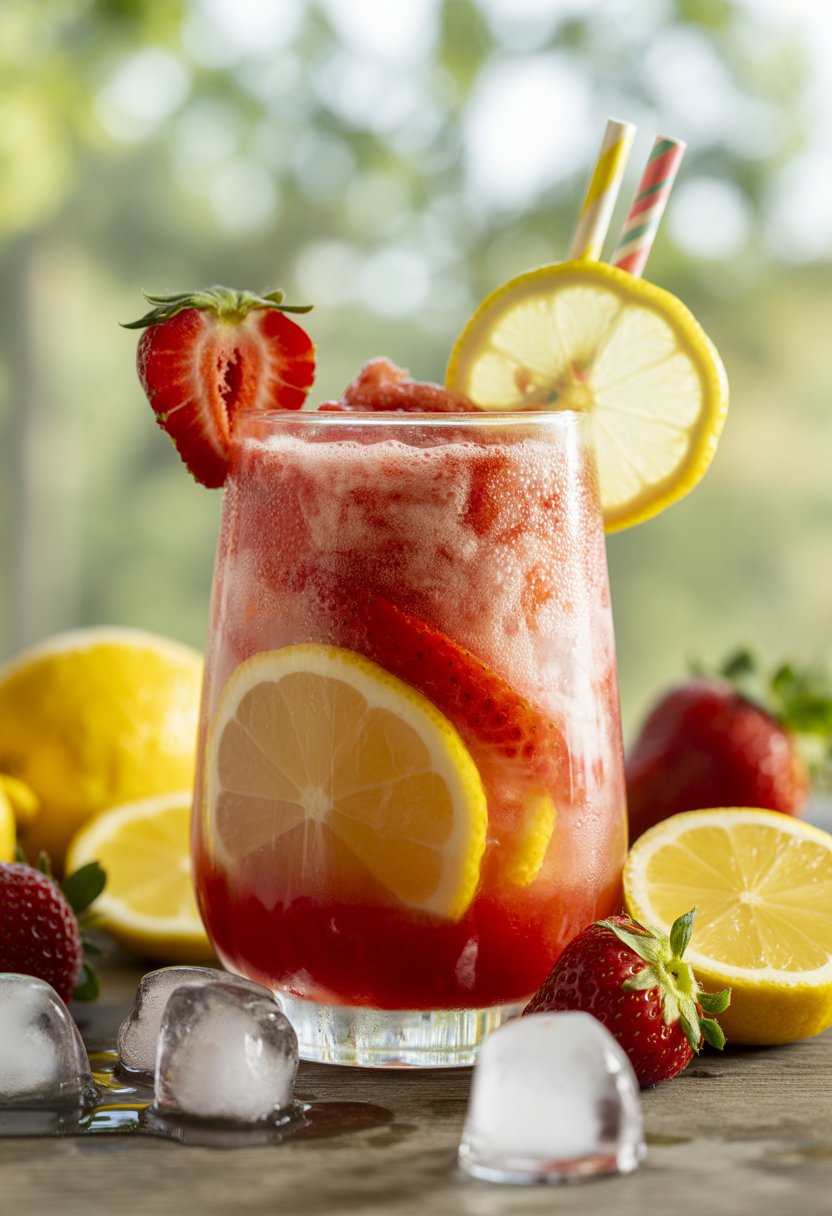 A glass of frozen strawberry lemonade swirl with fresh strawberries and lemon slices on a wooden surface.