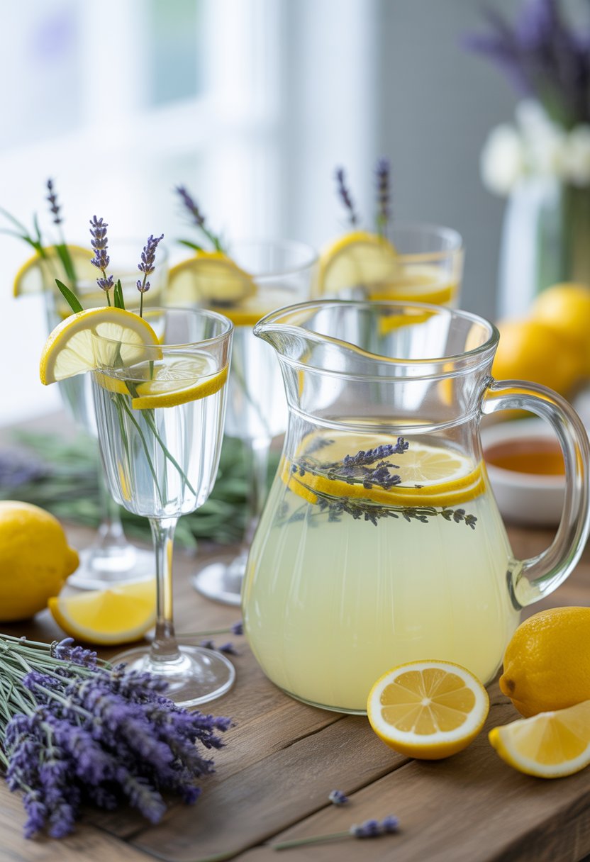 A pitcher and glasses of lavender infused lemonade on a wooden table with fresh lemons and lavender flowers.