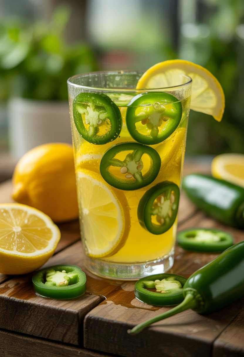 A glass of spicy jalapeño lemonade garnished with jalapeño slices and lemon wedges on a wooden table with fresh jalapeños and lemons around it.