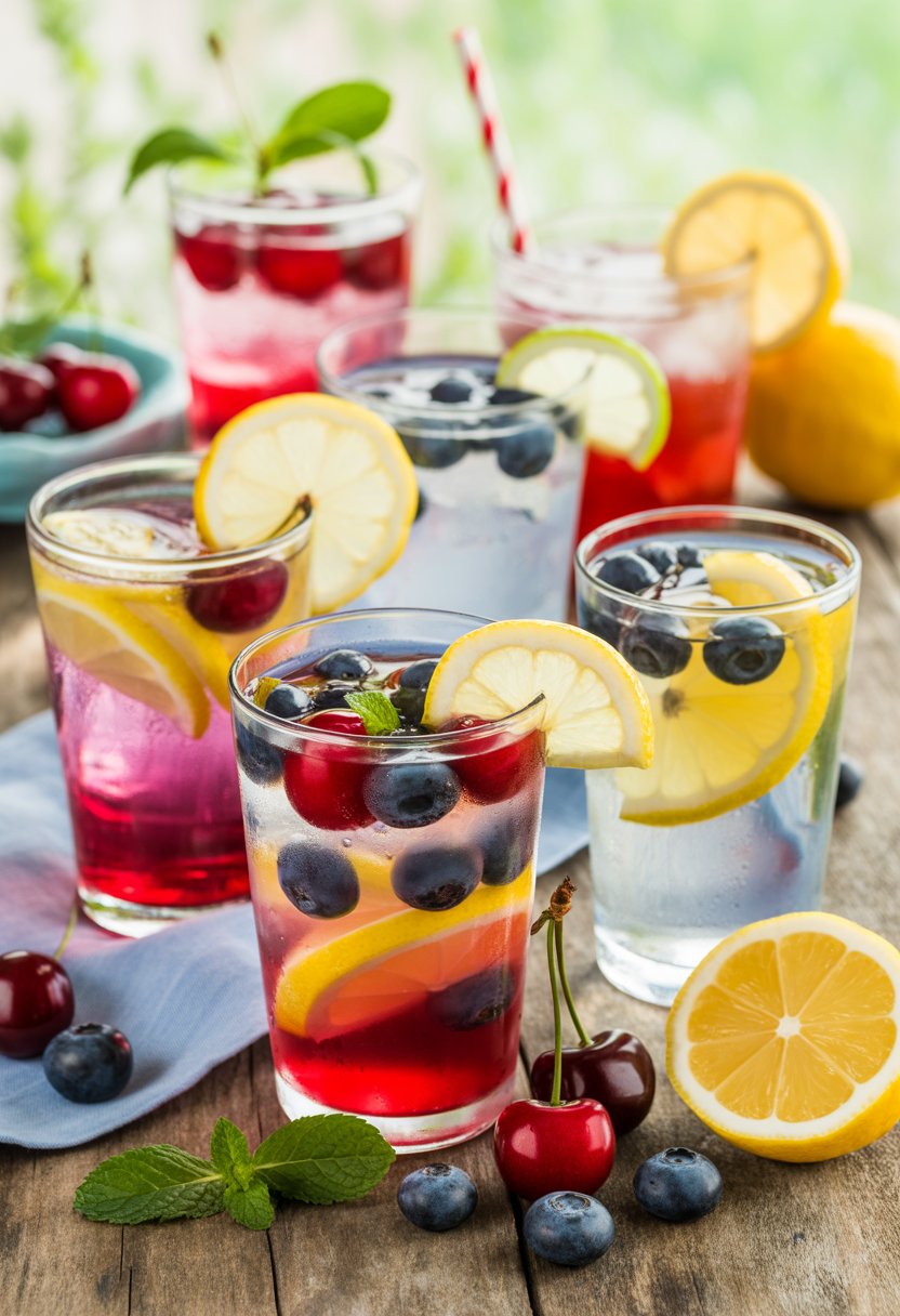 Five glasses of cherry, blueberry, and lemon lemonade with fresh fruit and mint on a wooden table.