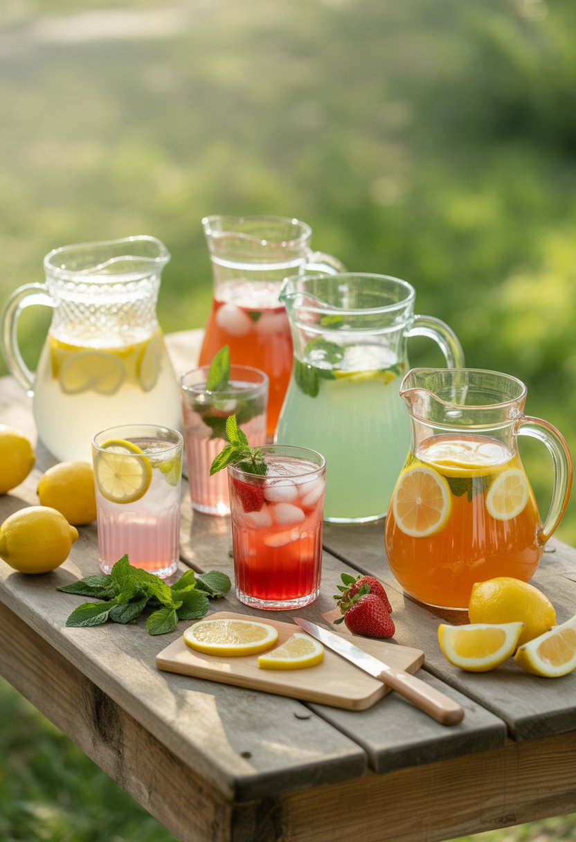 A wooden table outdoors with five pitchers and glasses of different lemonades, fresh lemons, mint, and strawberries arranged around them.