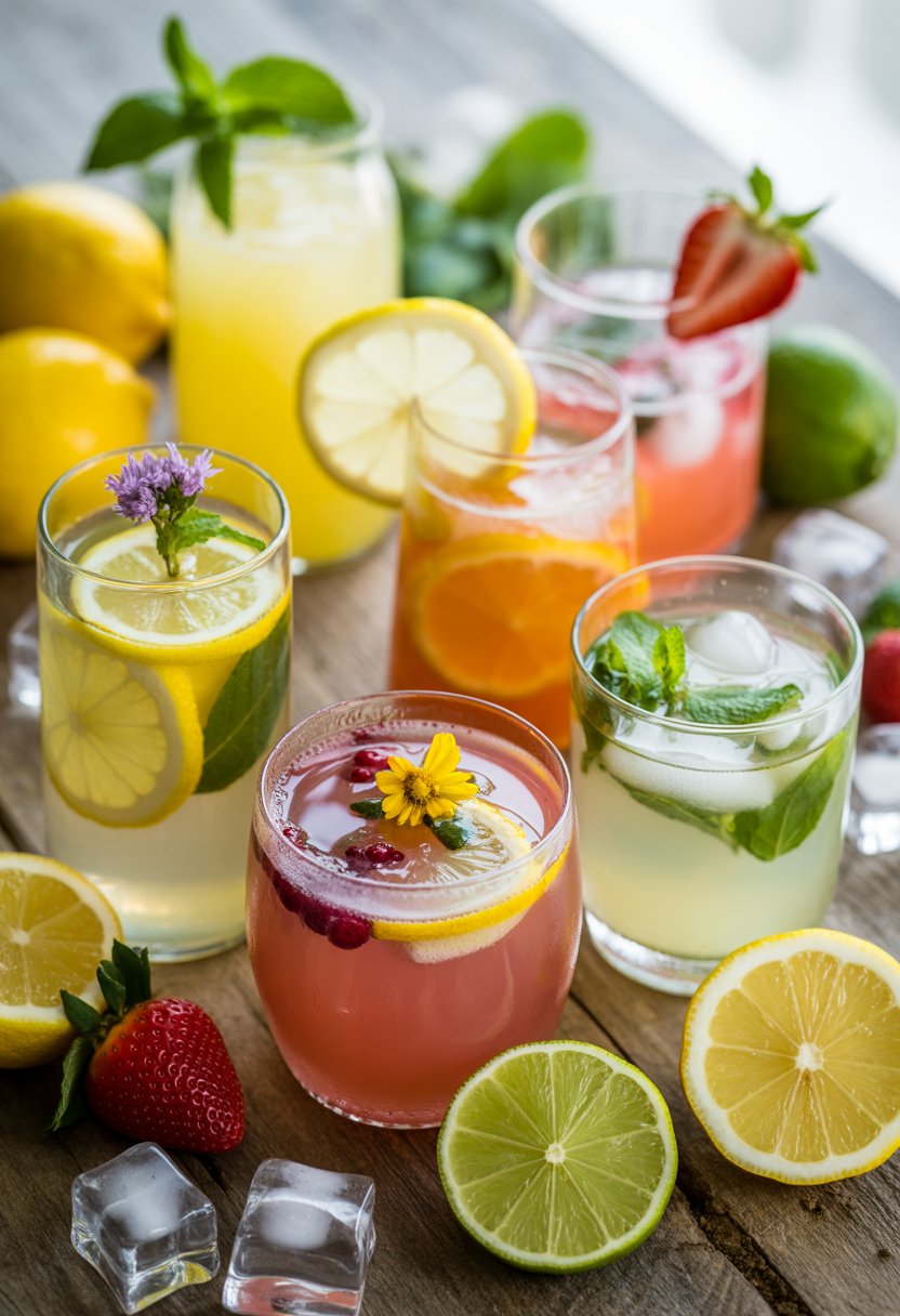 Five colorful glasses of lemonade with various fruit and herb garnishes arranged on a wooden table surrounded by fresh lemons, berries, and mint.