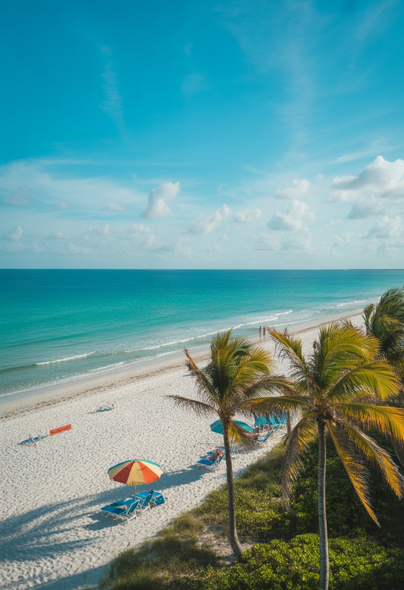 A sunny Florida beach with white sand, clear turquoise water, palm trees, and a few people enjoying the shore.