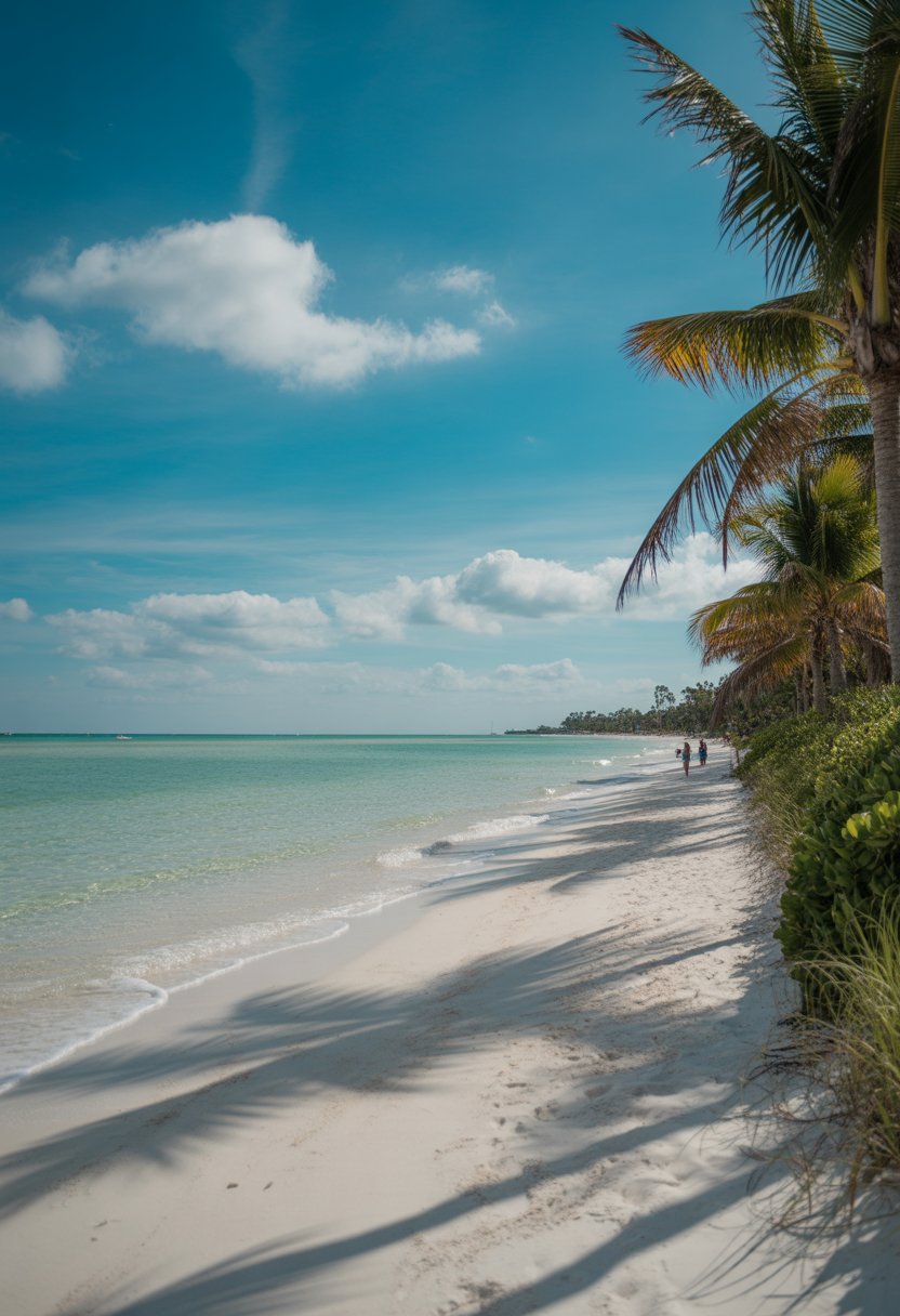 A sunny beach with white sand, clear turquoise water, palm trees, and a few people enjoying the shore.