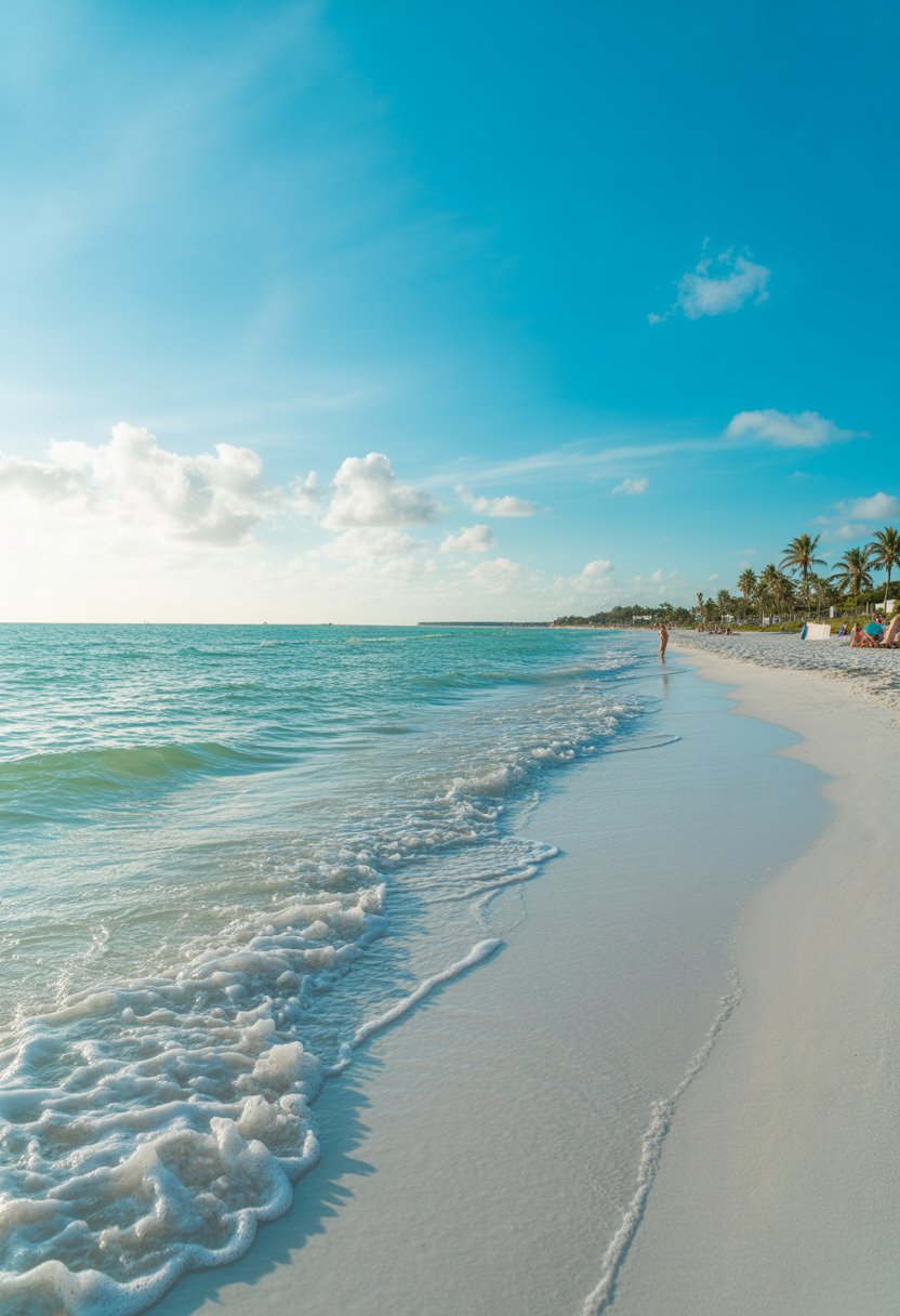 Clearwater Beach with white sand, turquoise water, palm trees, and a clear blue sky.