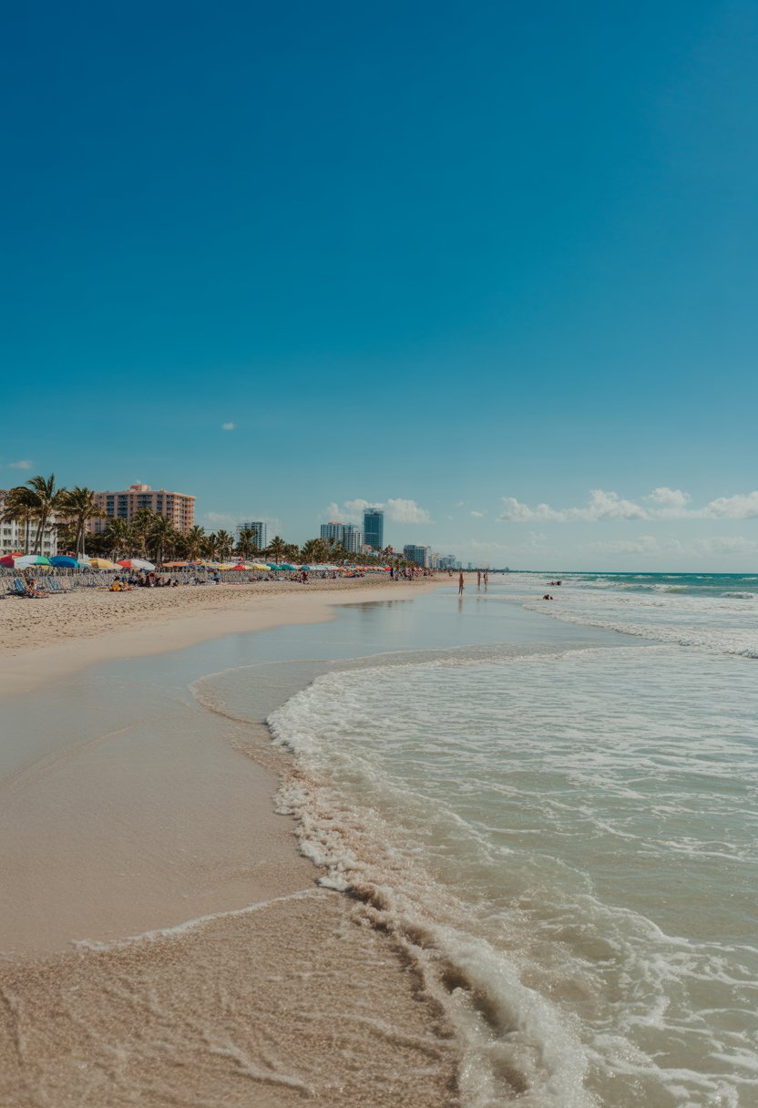 A sunny beach scene with white sand, palm trees, clear blue ocean, and beachfront buildings in the background.
