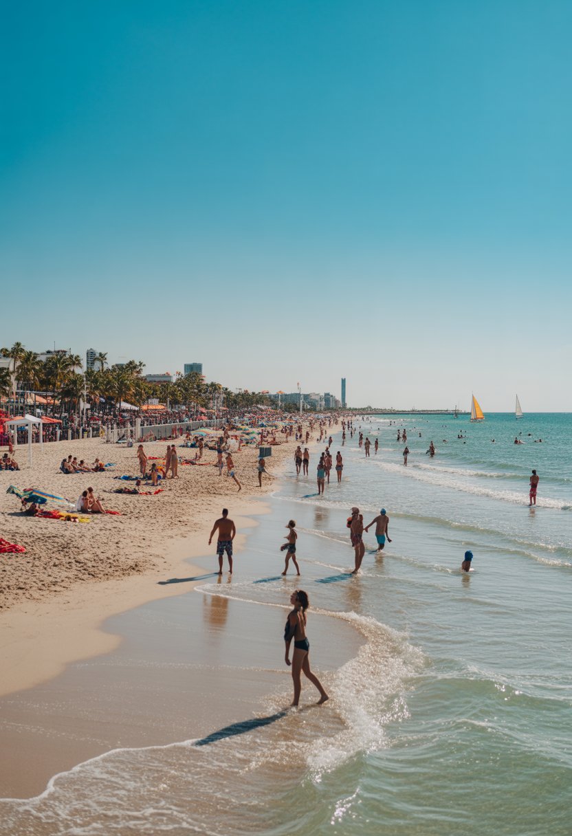 A sunny beach with people sunbathing, walking, and playing near the ocean, with palm trees and a busy boardwalk in the background.