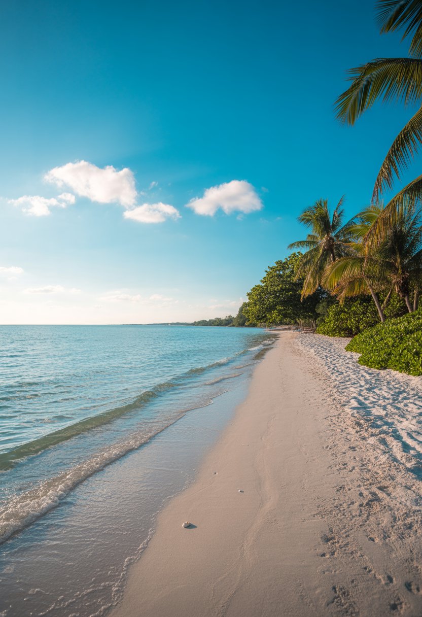 A peaceful view of a white sandy beach with clear turquoise water, palm trees, and a bright blue sky.