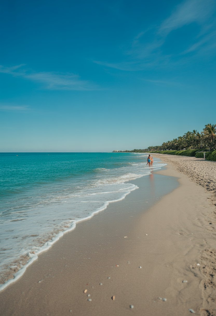A sandy beach with turquoise ocean waves, palm trees, and people walking along the shore under a clear sky.