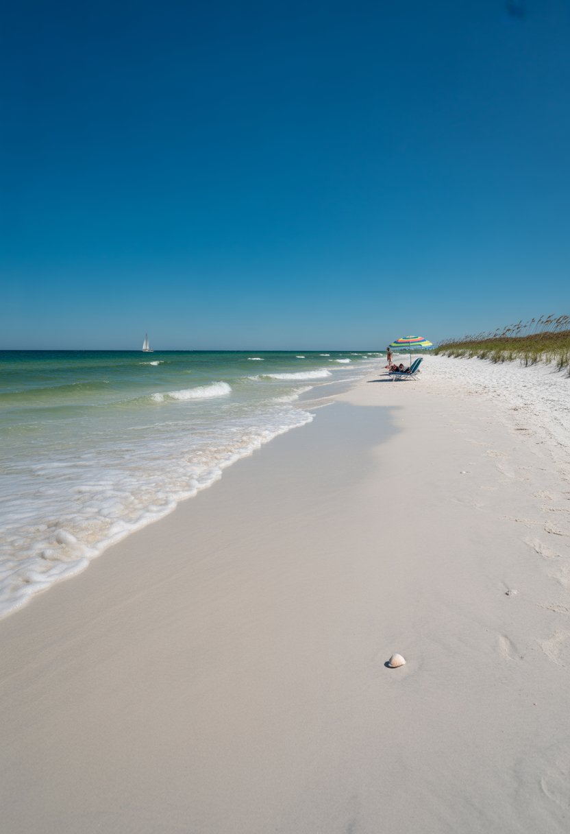 A sunny beach with white sand, turquoise water, green dunes, and a sailboat on the horizon.