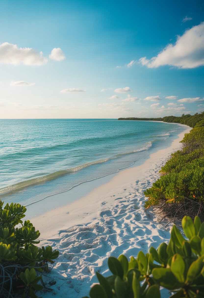 A peaceful beach with white sand, clear turquoise water, green vegetation, and a blue sky.