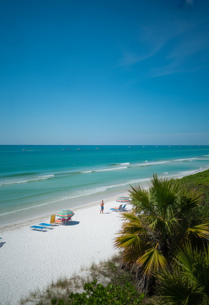 A white sandy beach with turquoise water, palm trees, and a few people enjoying a sunny day on Anna Maria Island, Florida.
