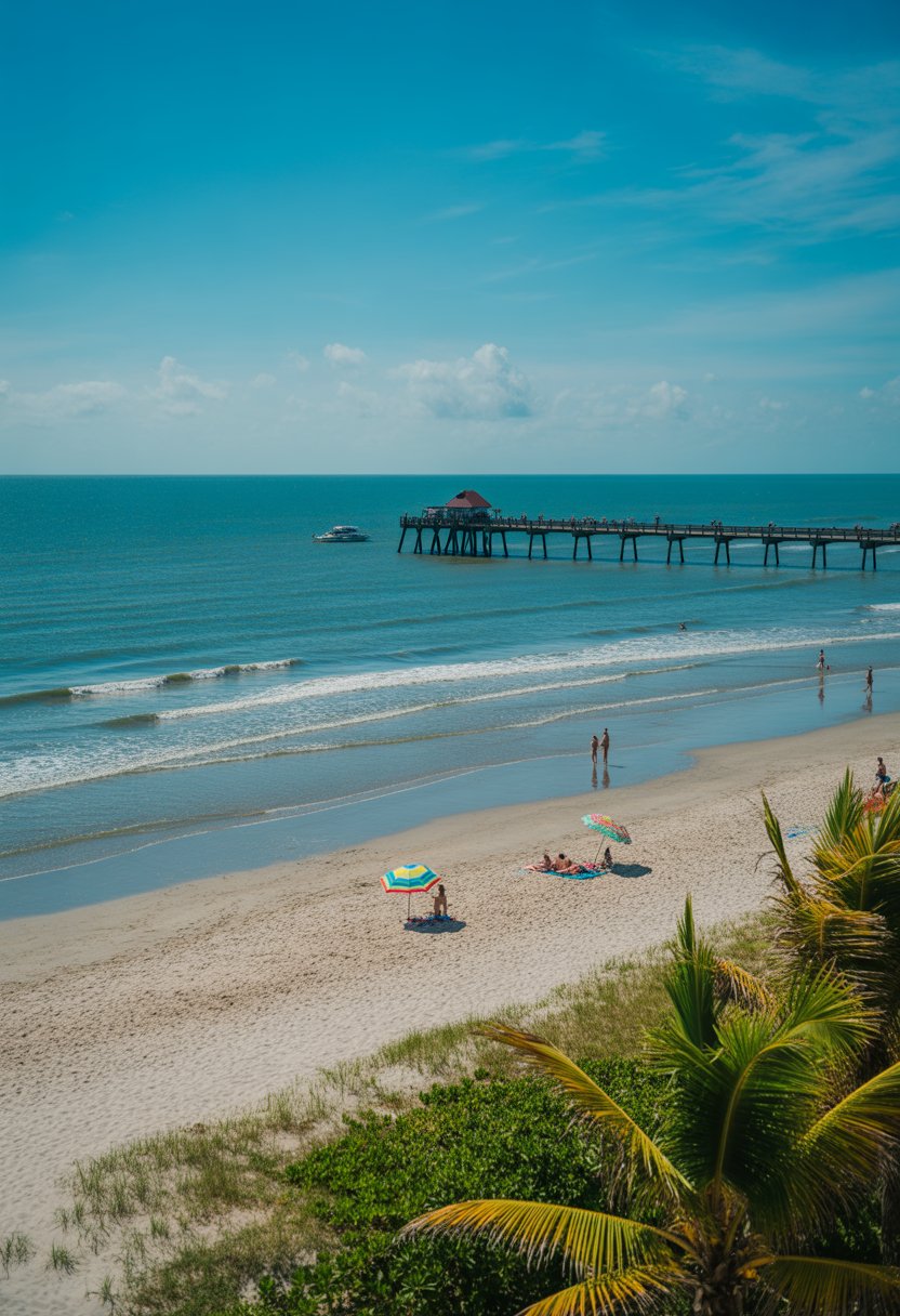 A sunny Cocoa Beach with sandy shore, gentle ocean waves, a wooden pier, palm trees, and people enjoying the beach.