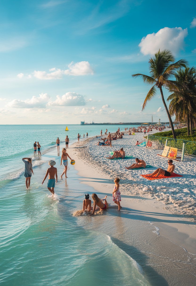 Sunny Florida beach with clear blue water, white sand, palm trees, and people enjoying various beach activities.
