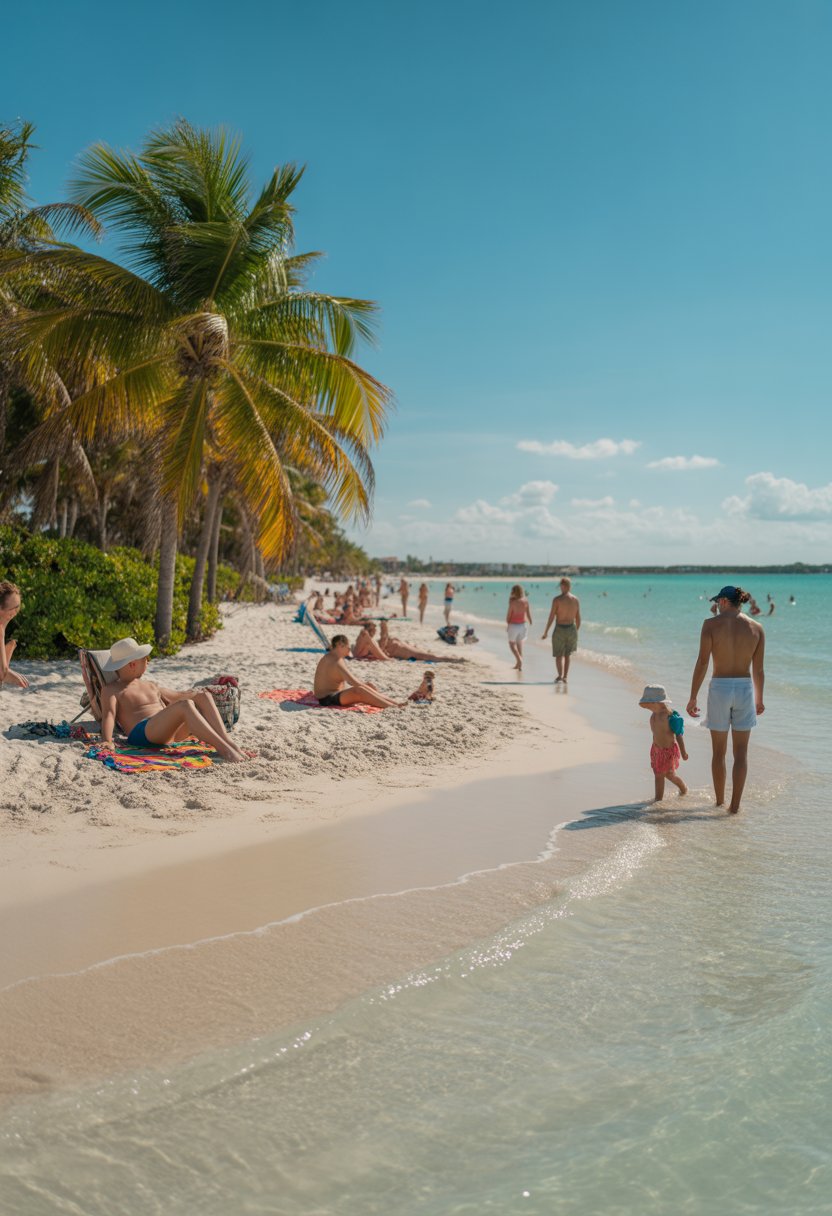 A sunny Florida beach with clear turquoise water, white sand, palm trees, and people enjoying the shore.