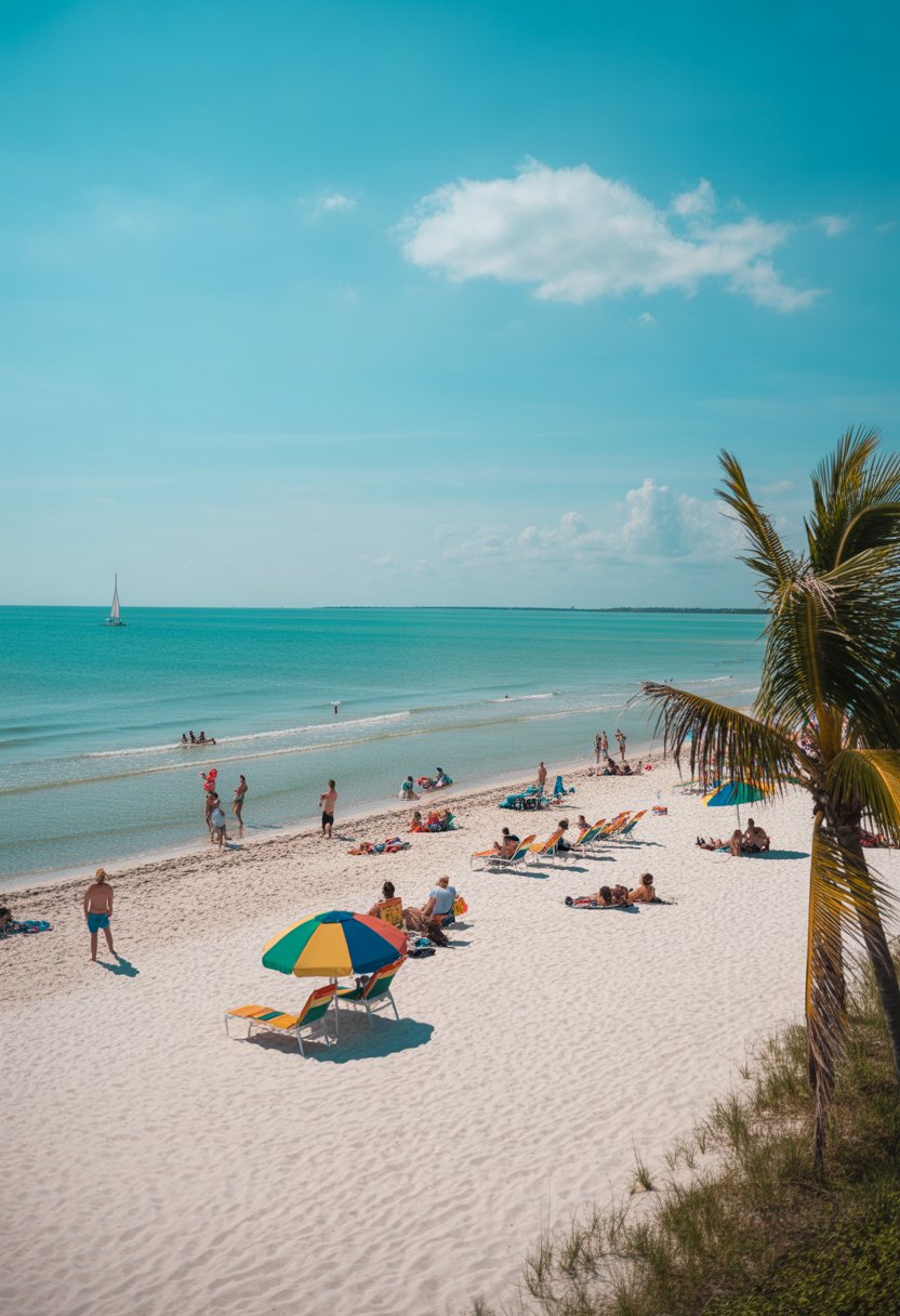 A sunny Florida beach with white sand, turquoise water, palm trees, and people enjoying the shoreline.