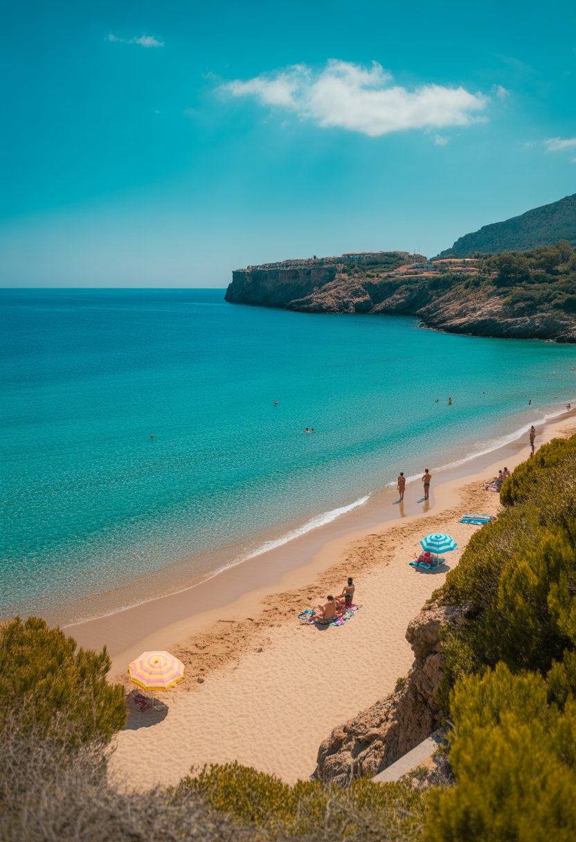 Panoramic view of a sunny Spanish beach with clear turquoise water, golden sand, cliffs, and people enjoying the sun.