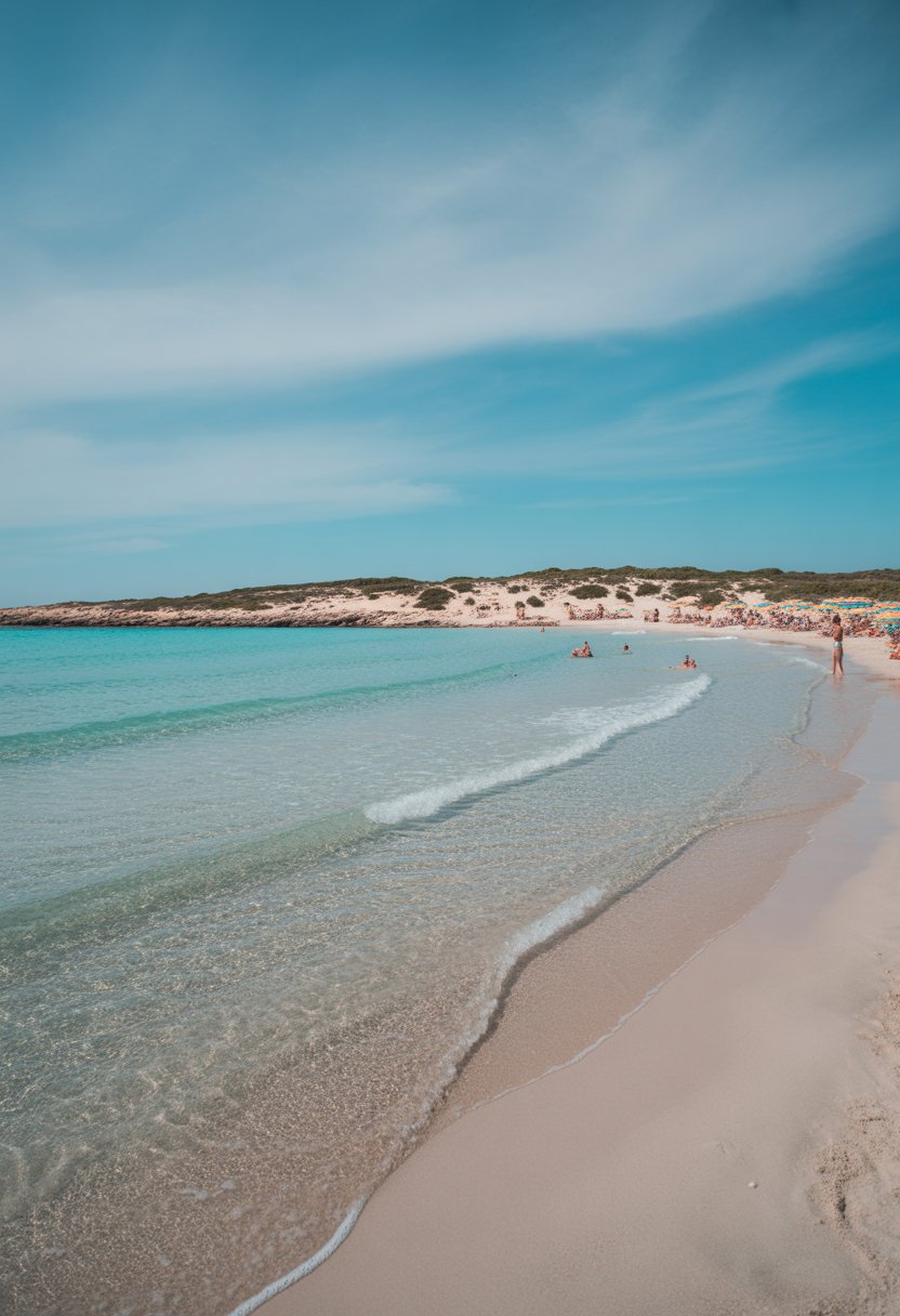 A bright beach with clear turquoise water, white sand, scattered umbrellas, and a blue sky with light clouds.