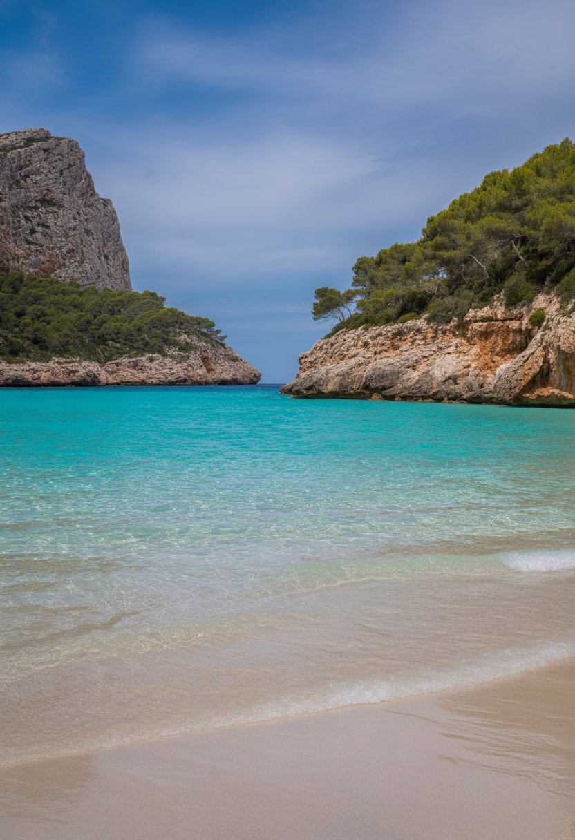 Secluded beach with turquoise water, white sand, and rocky cliffs covered in greenery under a blue sky.