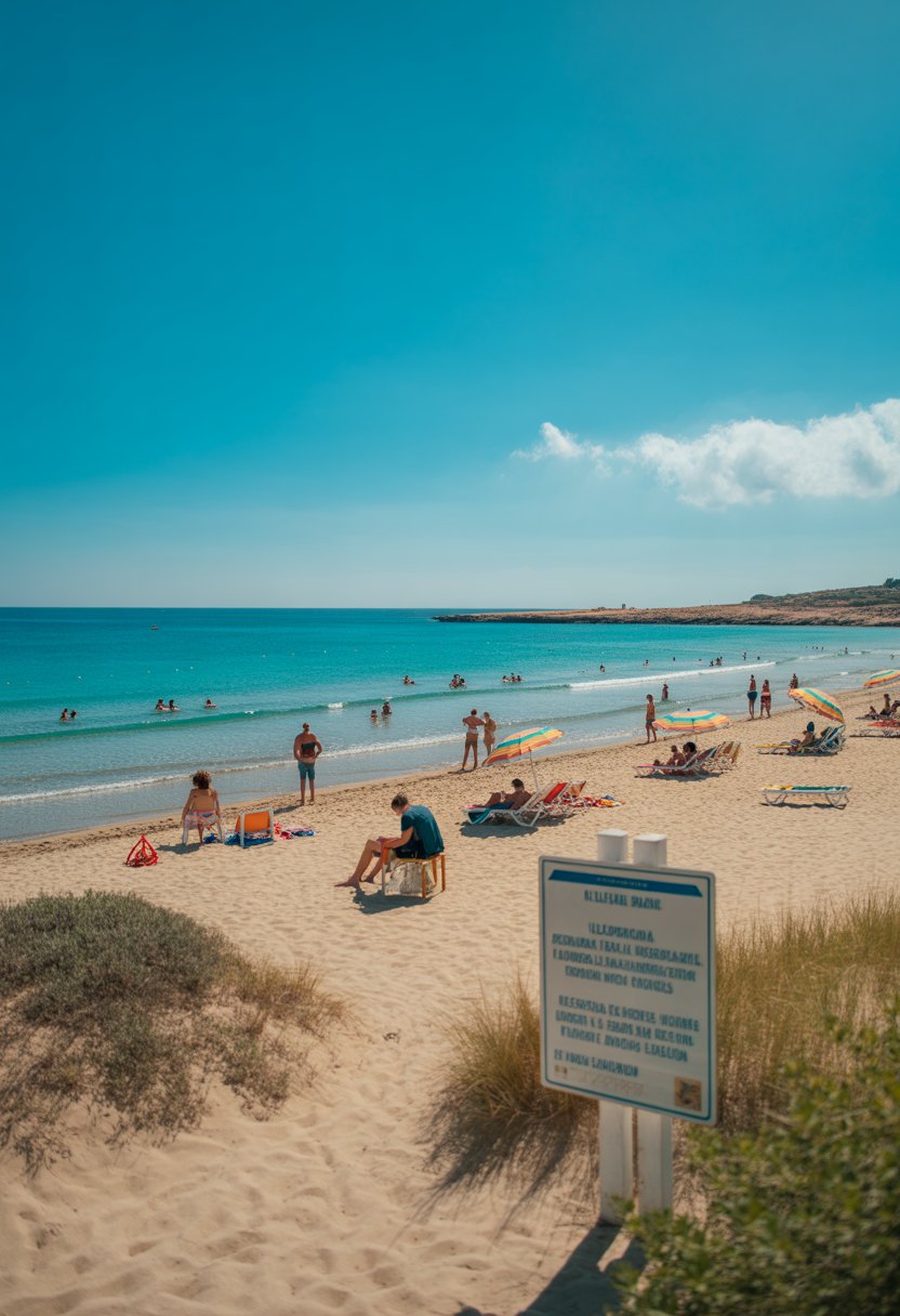 A sunny Spanish beach with clear water, people relaxing under umbrellas, a lifeguard station, and natural dunes in the background.