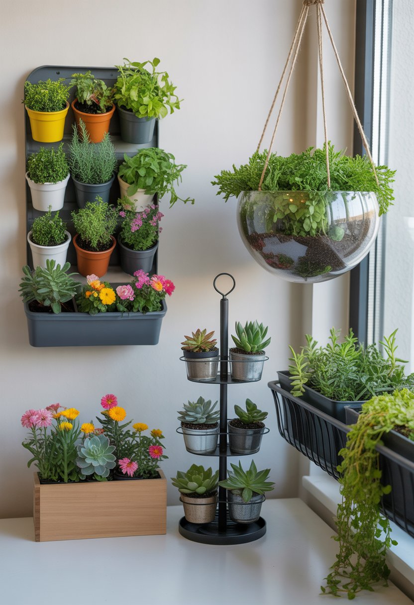 A bright indoor scene showing five creative small space gardening setups including a vertical garden, windowsill planter, tiered plant stand, hanging terrarium, and balcony railing plants.