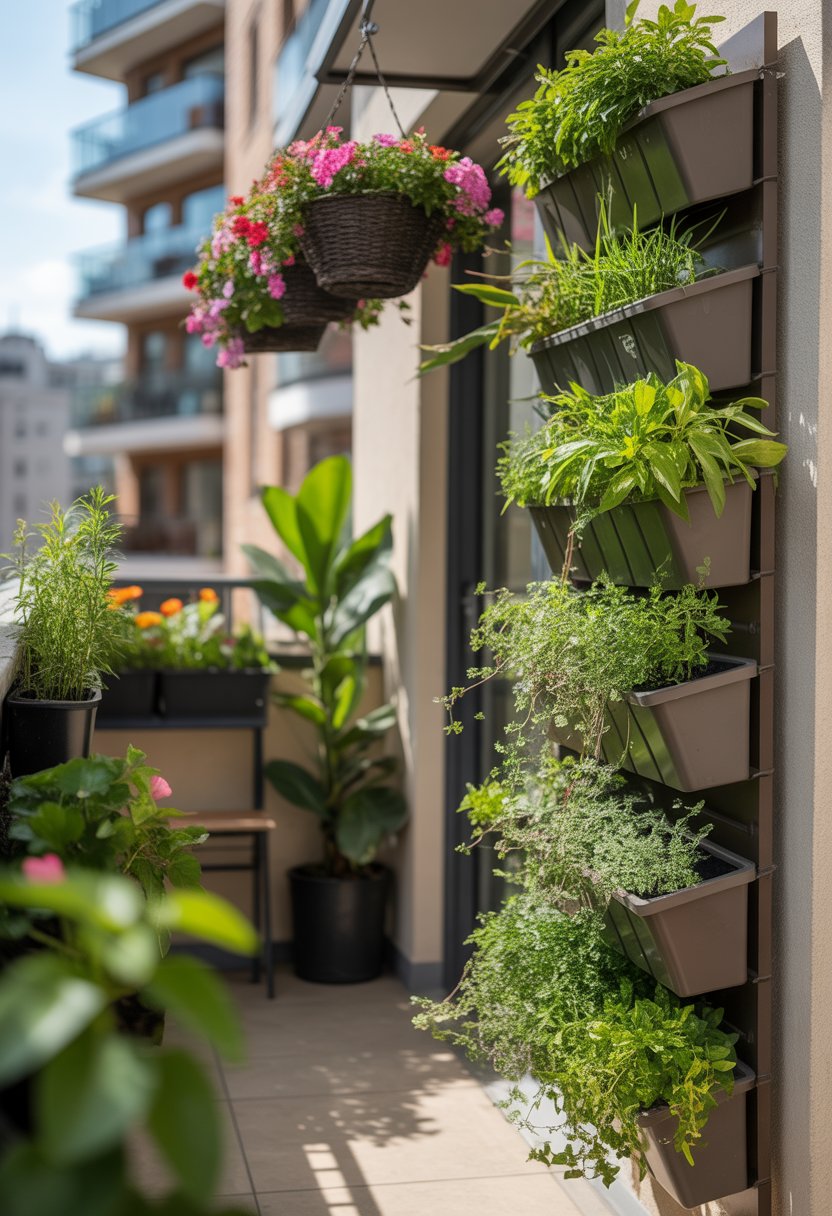 A small urban garden with vertical planters and hanging baskets filled with green plants and flowers on a balcony or patio.