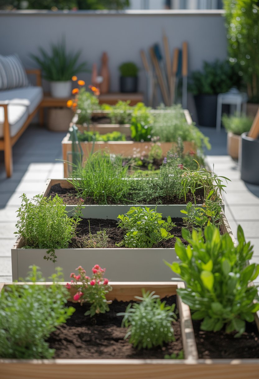 A small urban garden with stacked and elevated garden boxes filled with green plants and flowers on a balcony.