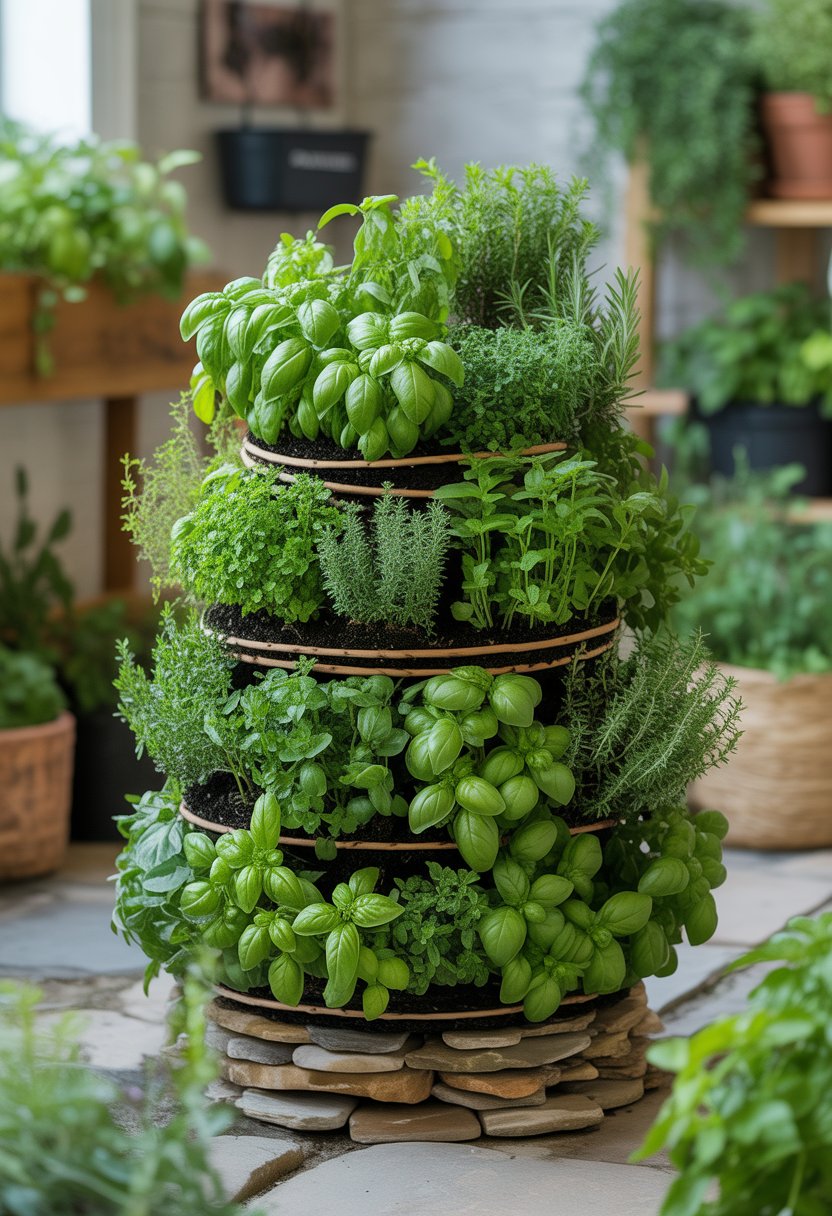 A compact herb spiral garden made of stones with various fresh herbs growing densely in a small outdoor garden space.