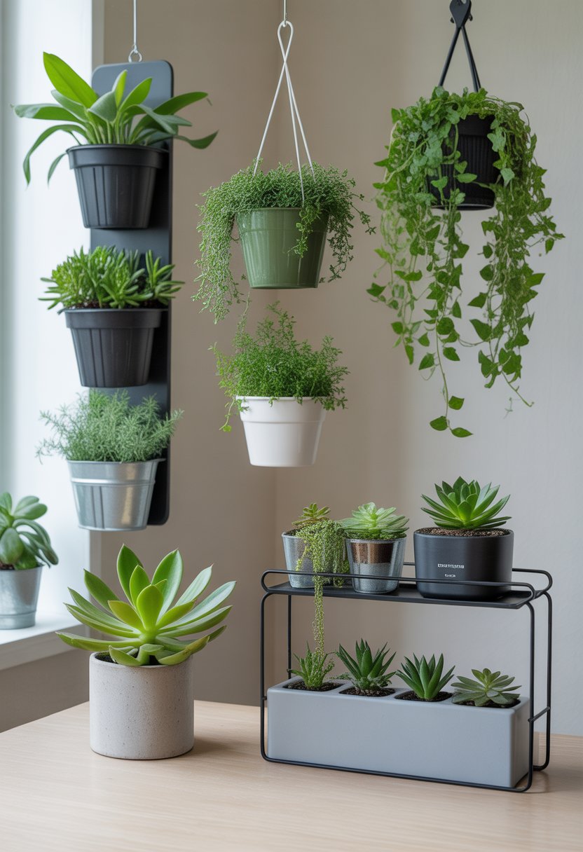 A bright indoor scene displaying five small space gardening setups with various small potted plants arranged on shelves, windowsill, and hanging pots.