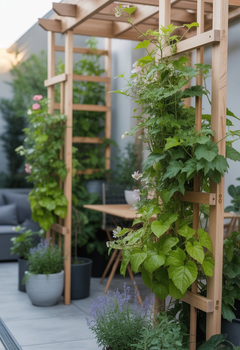 A small garden space with wooden trellises and arbors supporting climbing plants surrounded by pots and planters.