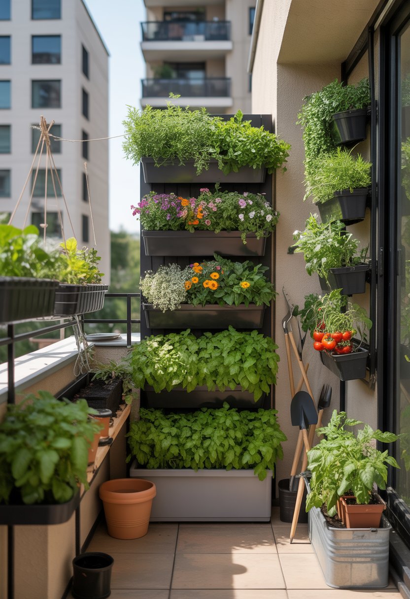 A small urban balcony garden showing five different compact gardening setups with various plants growing in vertical walls, tiered planters, hanging pots, raised beds, and windowsill containers.