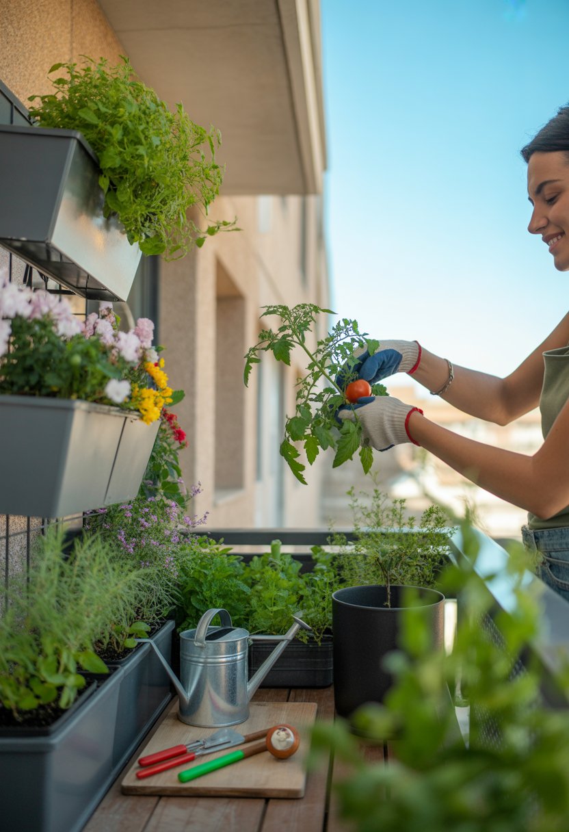 A person tending to plants in a small balcony garden with vertical planters, hanging pots, and raised beds filled with herbs and flowers.