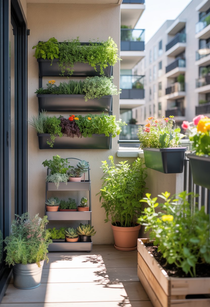 A small urban balcony garden with various plants in vertical planters, raised beds, hanging pots, a tiered plant stand, and a wooden crate planter.