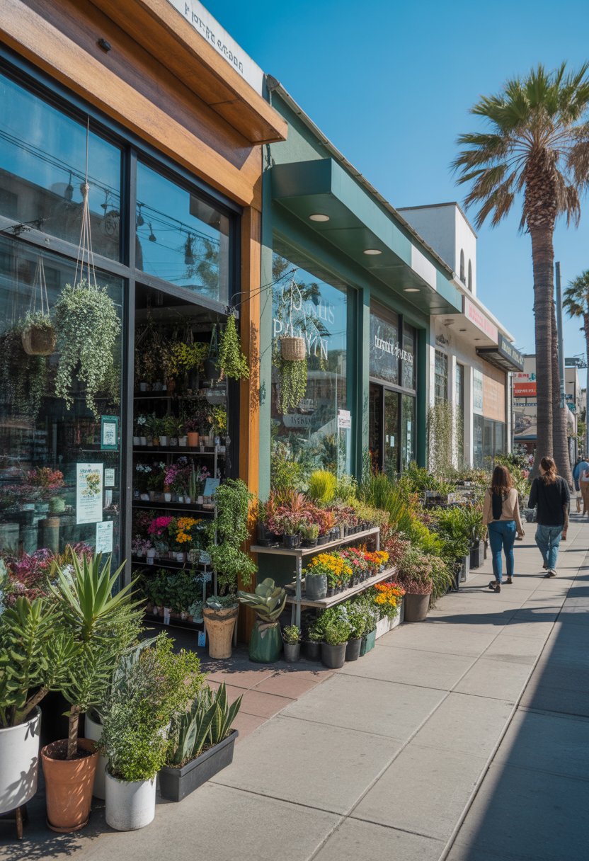 Five plant shops in a sunny Los Angeles street with green plants and flowers displayed outside.