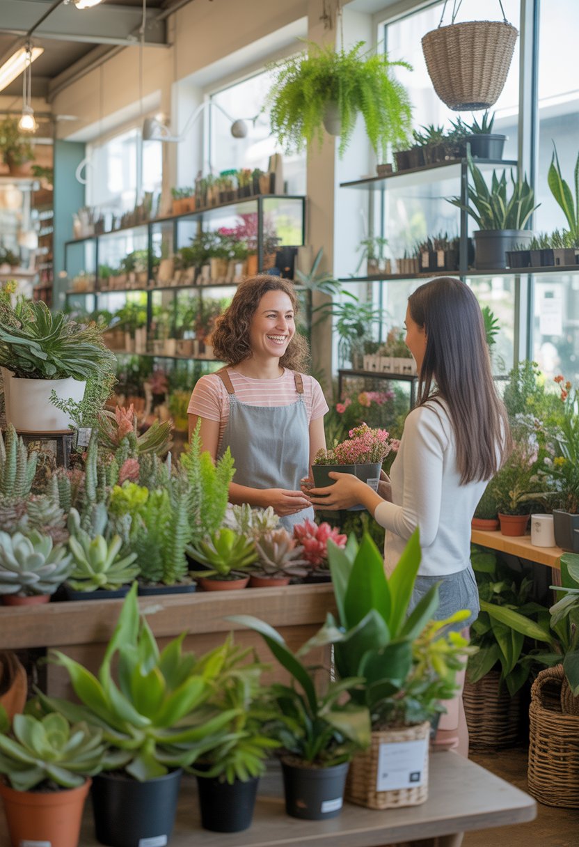 Interior of a bright plant shop with various green plants on shelves and tables, a shopkeeper helping a customer, and sunlight coming through large windows.
