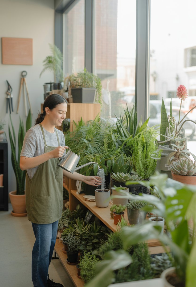 A person watering various green houseplants inside a bright plant shop with wooden shelves and sunlight coming through a large window.