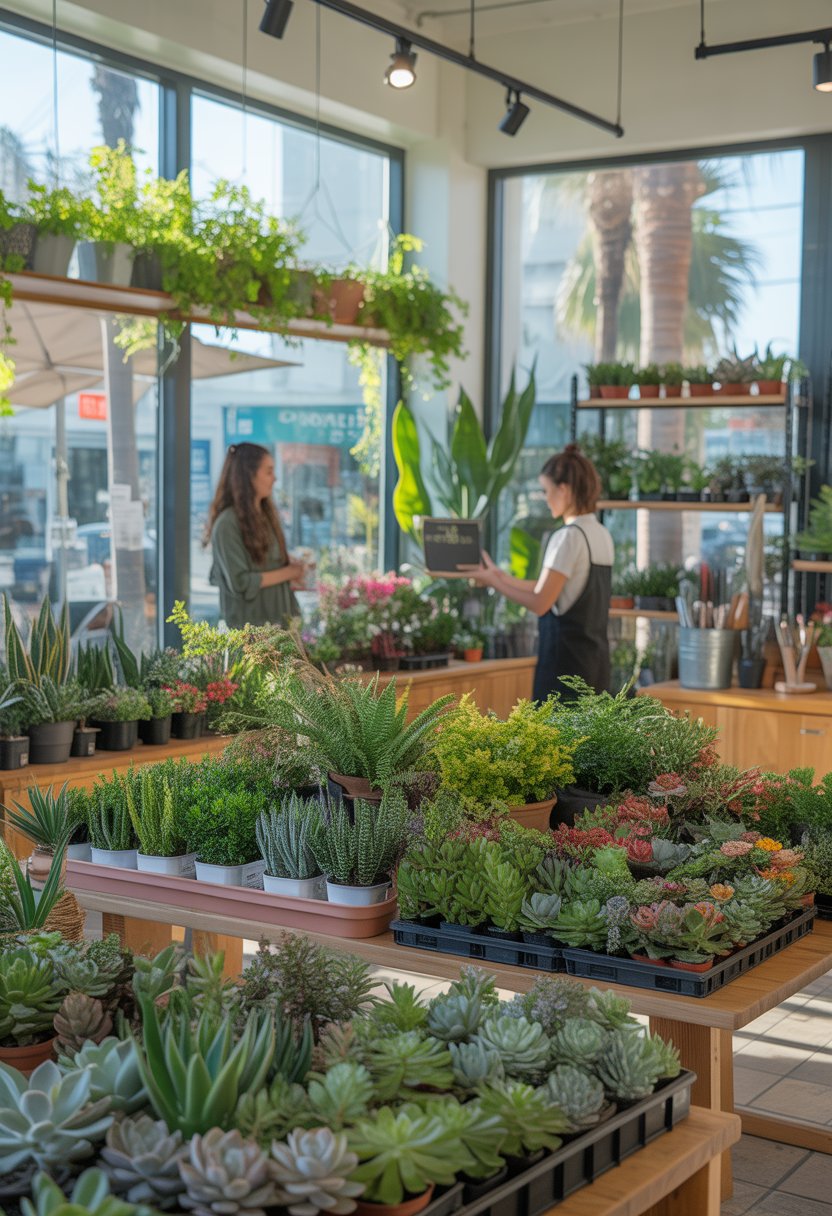 Interior of a bright plant shop with various green plants displayed on shelves and tables, with customers and staff inside.
