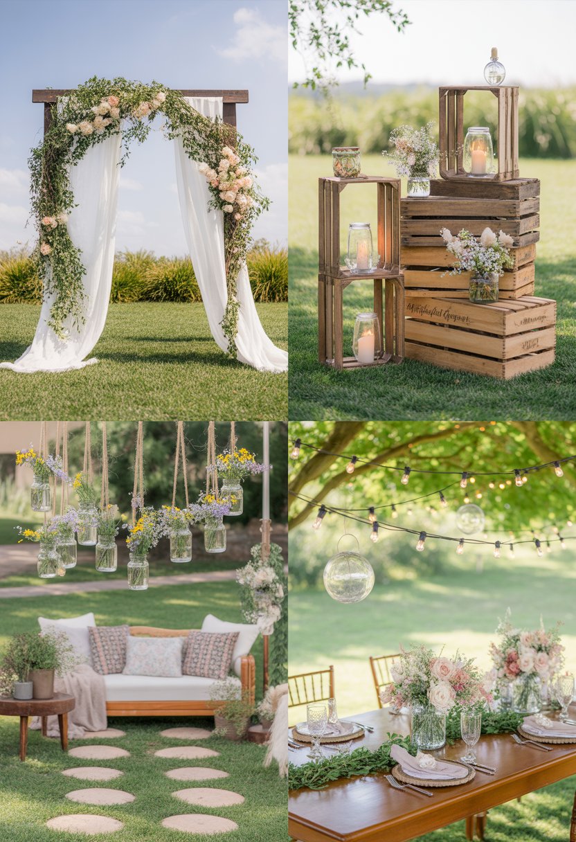 An outdoor wedding setup featuring a decorated wooden arch, floral arrangements in crates, mason jar aisle decorations, a cozy seating area with cushions and plants, and a wooden table with elegant place settings under trees.
