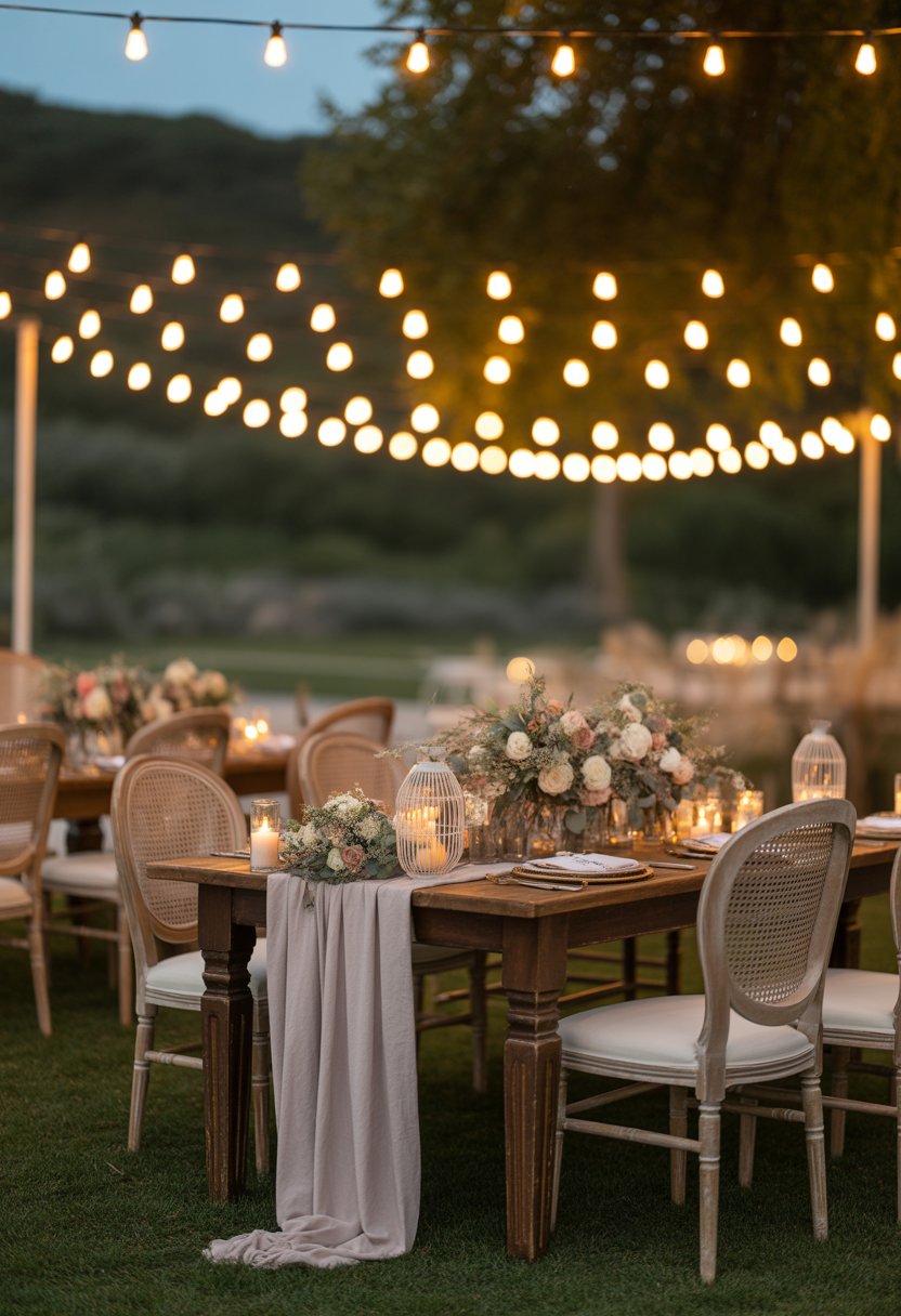 Outdoor wedding setup with string lights overhead, wooden tables with floral centerpieces, lanterns, and chairs under soft evening light.