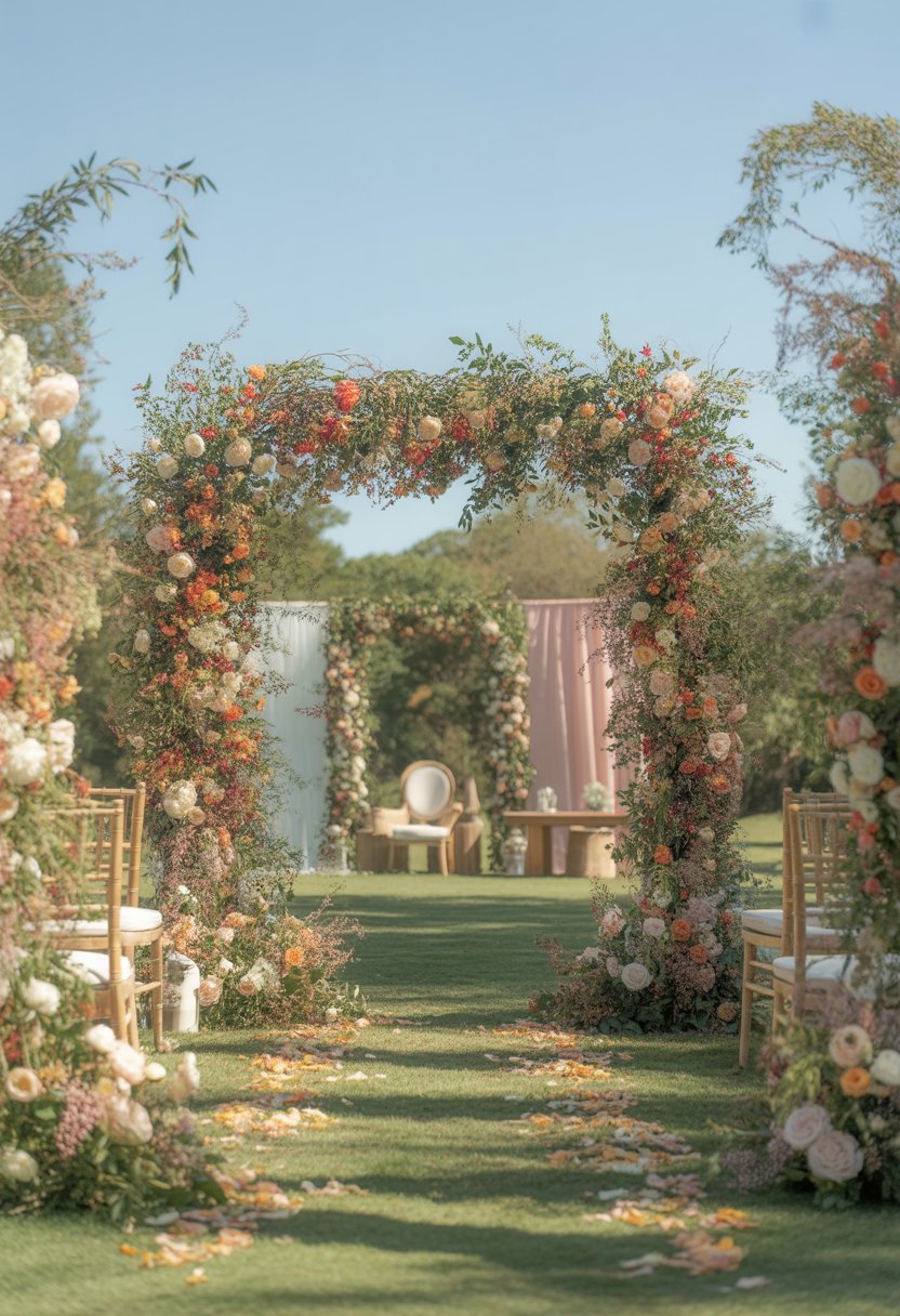 Outdoor wedding ceremony area with floral archways decorated with seasonal flowers and a flower-petal-lined aisle.