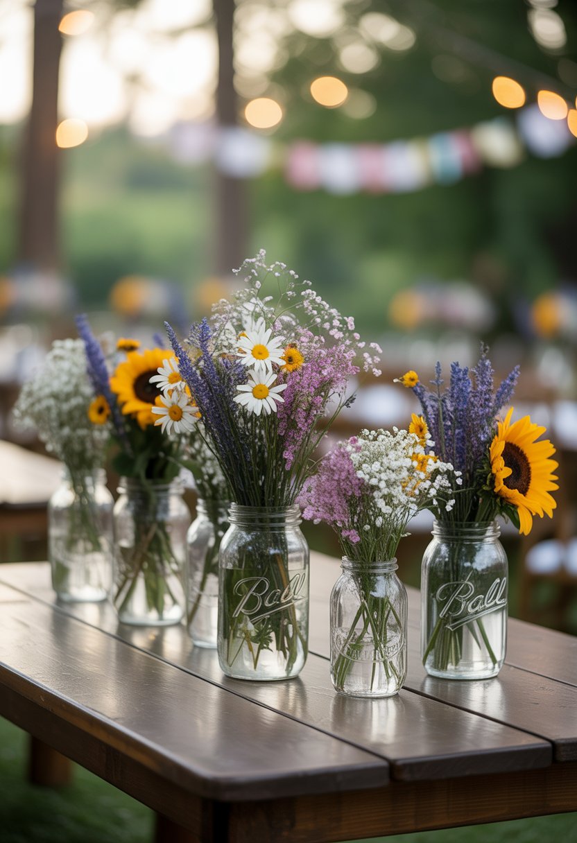 Mason jars filled with colorful wildflowers arranged on wooden tables at an outdoor wedding.