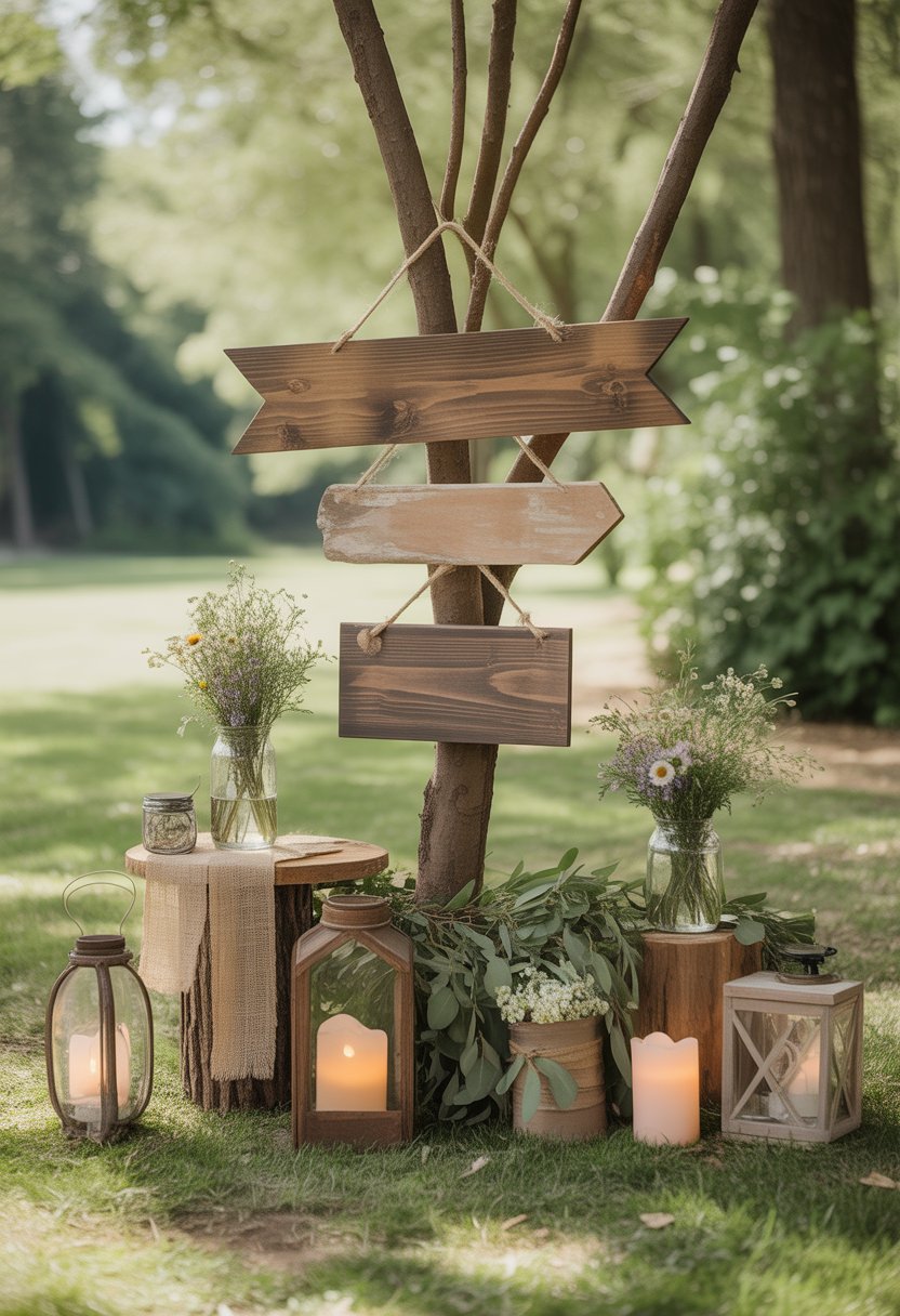 Rustic wooden signs surrounded by wildflowers, lanterns, and greenery in an outdoor wedding setting.