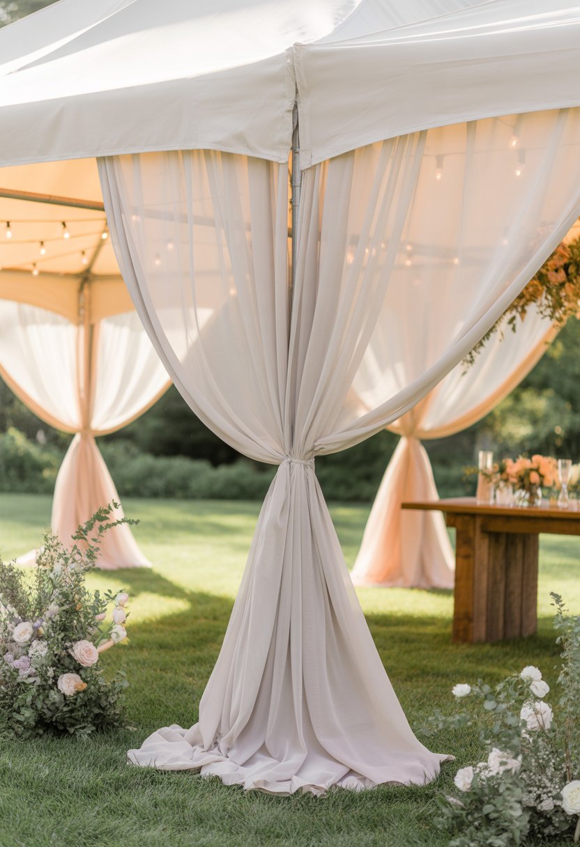 Outdoor wedding tents decorated with sheer fabric draping and floral arrangements in a garden setting.