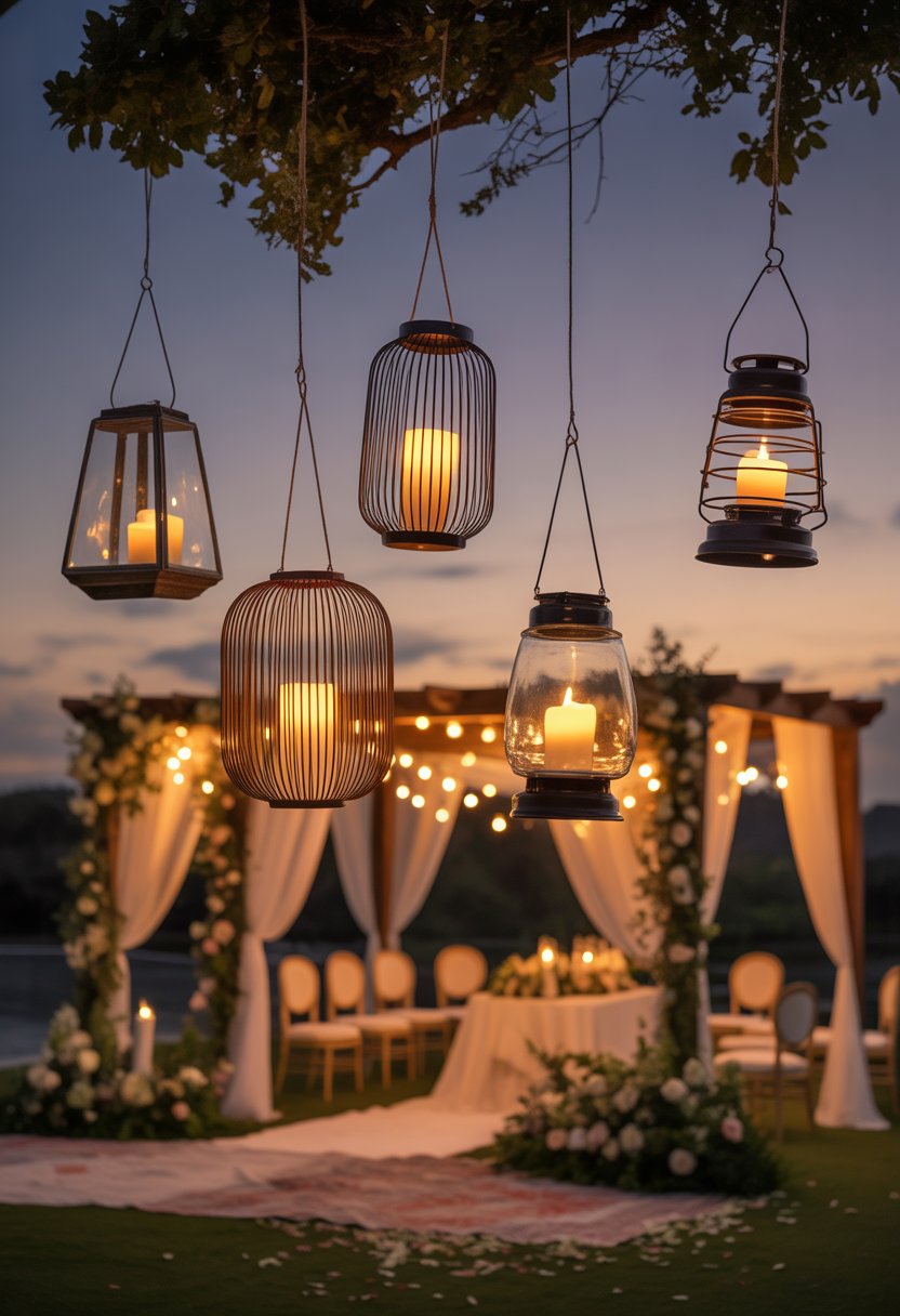 Outdoor evening wedding scene with five hanging lanterns glowing softly over decorated seating and floral arrangements.